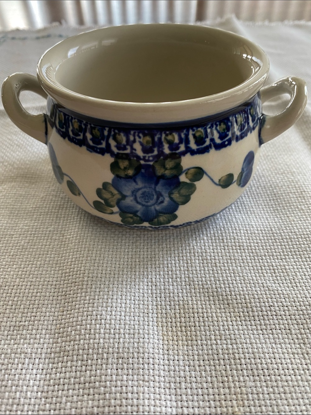 Hand-Painted Blue Floral Ceramic Bowl with Handles